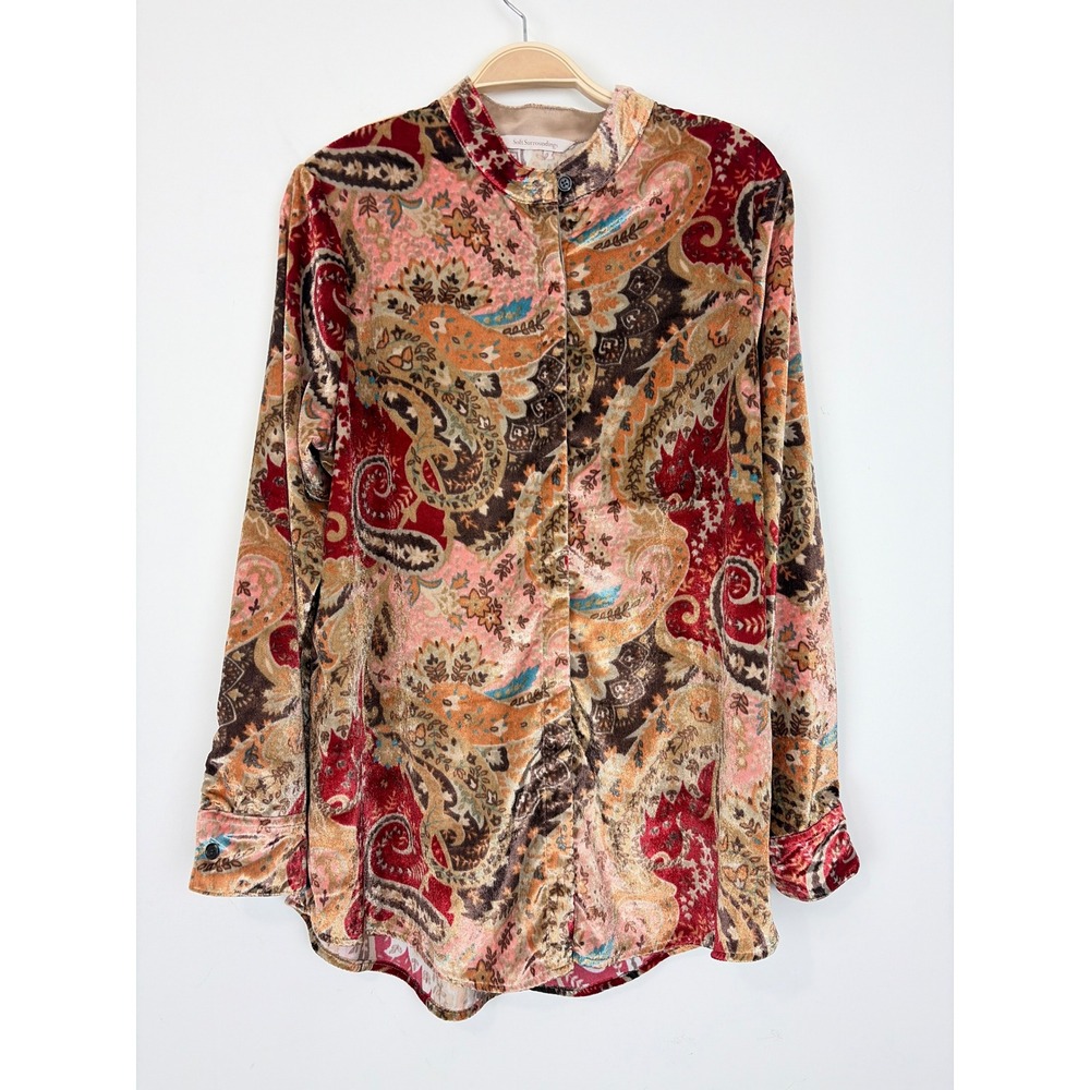 Soft Surroundings Velvet Paisley Button Down‎ Shirt Sz M Tan Maroon Boho Chic